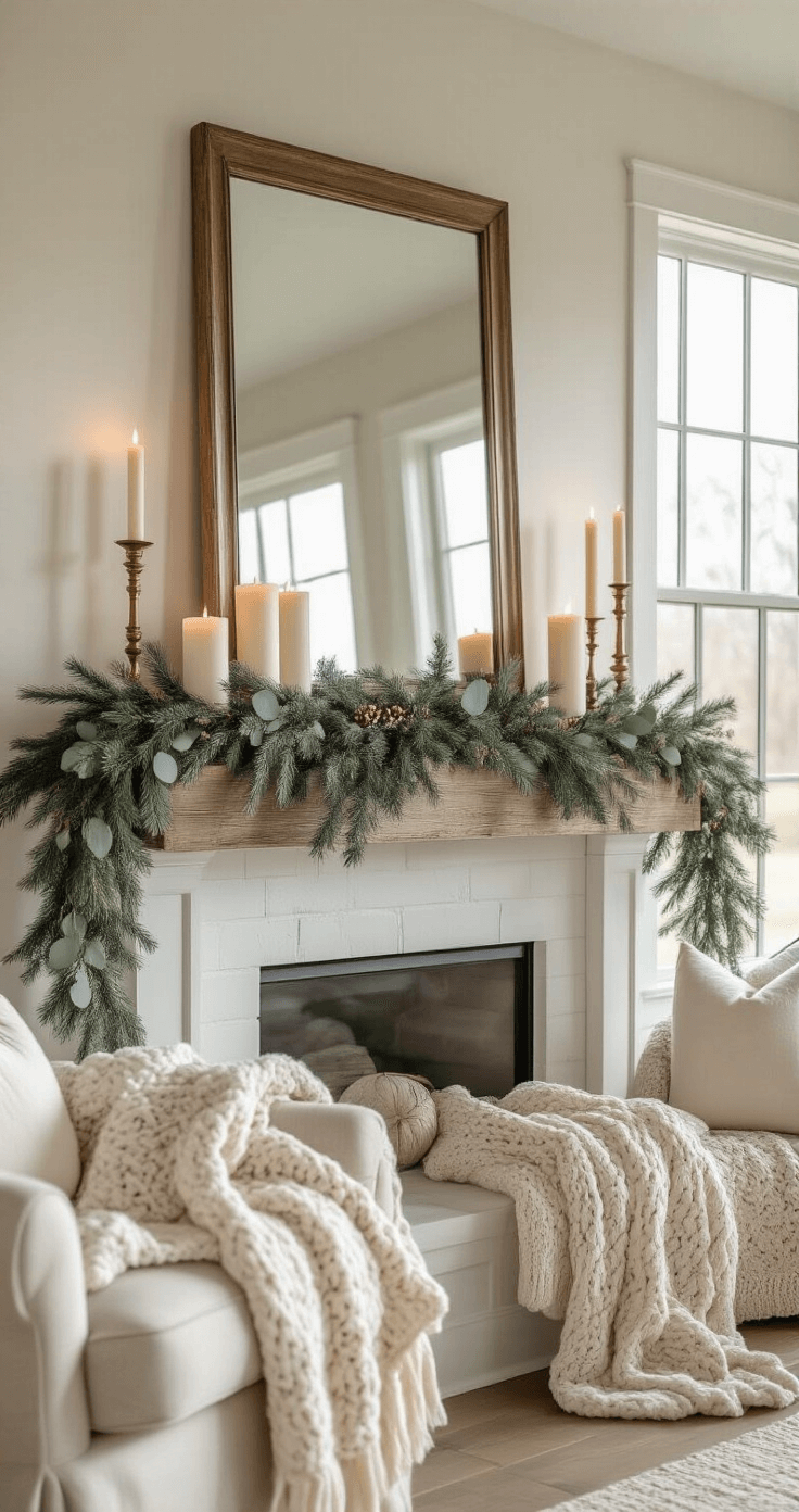 A sunlit modern farmhouse living room featuring a neutral winter mantel with eucalyptus and pine garlands, brass candlesticks, white pinecones, and a large antique mirror reflecting warm candlelight, all bathed in soft morning light.