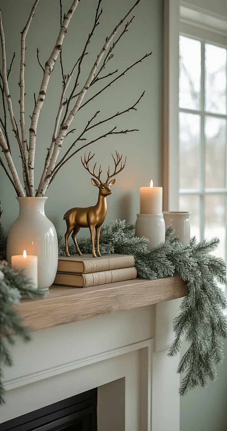 A rustic woodland-inspired mantel adorned with birch branches and frosted pine garlands, featuring white ceramic vessels, a brass deer figurine, and stacked vintage books, illuminated by soft flameless candles in a muted sage green and cream color palette, under warm winter light.