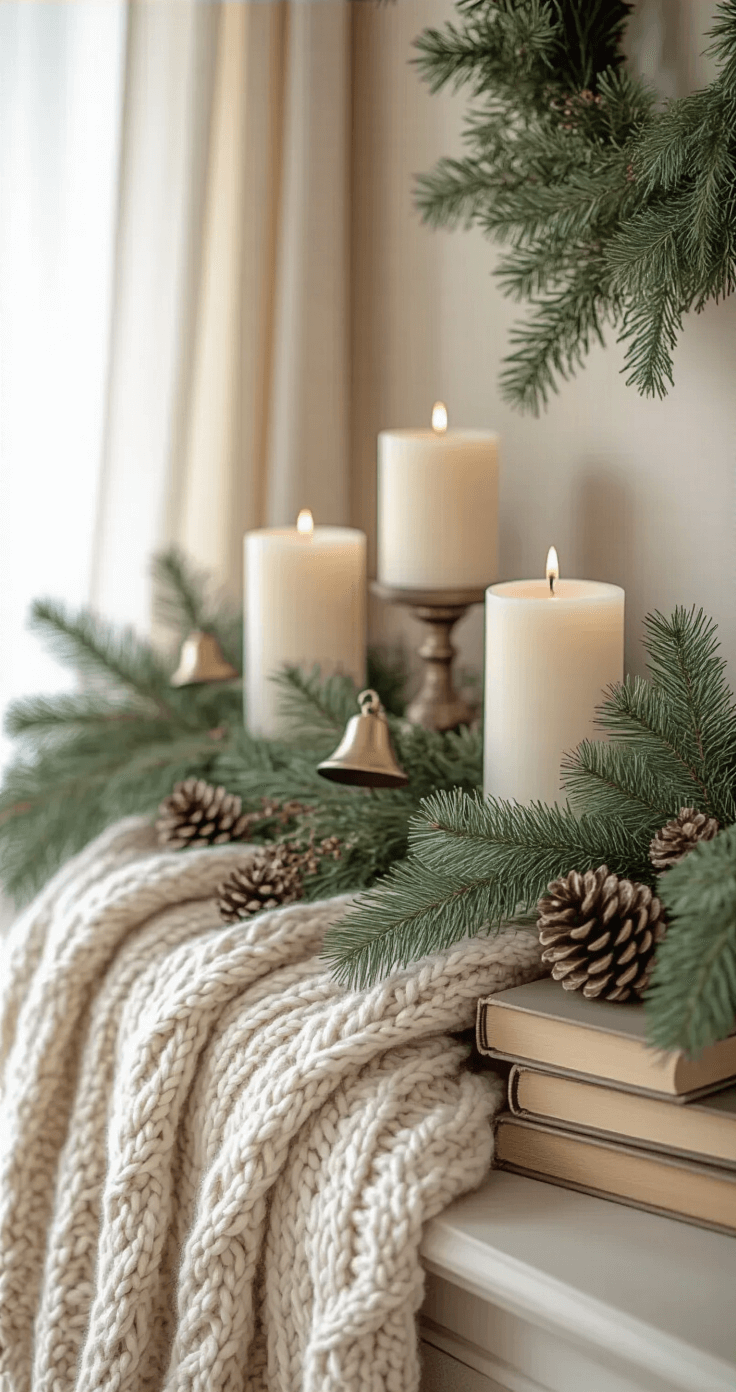 A cozy neutral mantel adorned with earthy elements in warm beige and taupe tones, featuring layered greenery with cedar and eucalyptus garlands, a chunky cable knit throw, asymmetrically stacked vintage hardcover books, varying heights of white pillar candles, and scattered pinecones, all illuminated by soft morning light through sheer curtains.