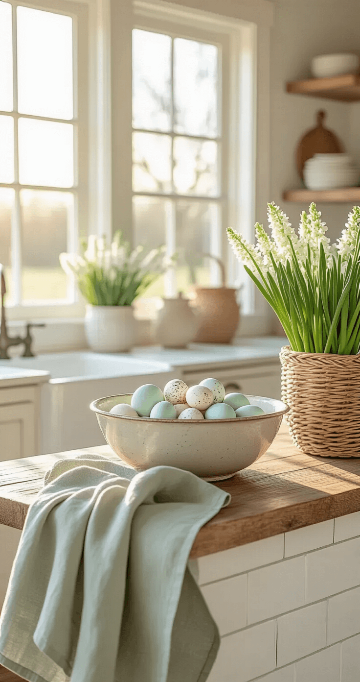 A warmly lit farmhouse kitchen at golden hour, featuring a rustic wooden island with a vintage dough bowl of pastel speckled eggs and fresh eucalyptus, draped with sage linen towels, natural light through white windows casting shadows on white subway tiles, and a woven basket with potted hyacinth bulbs nearby.