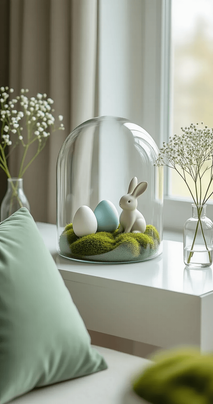 A stylish modern living room featuring a glass cloche on a white console table, housing moss, three geometric white and pale blue eggs, and a minimalist ceramic bunny. The space includes lucite and glass elements that reflect natural light, a sage green throw pillow, and a slim glass bud vase with a single stem of baby's breath.