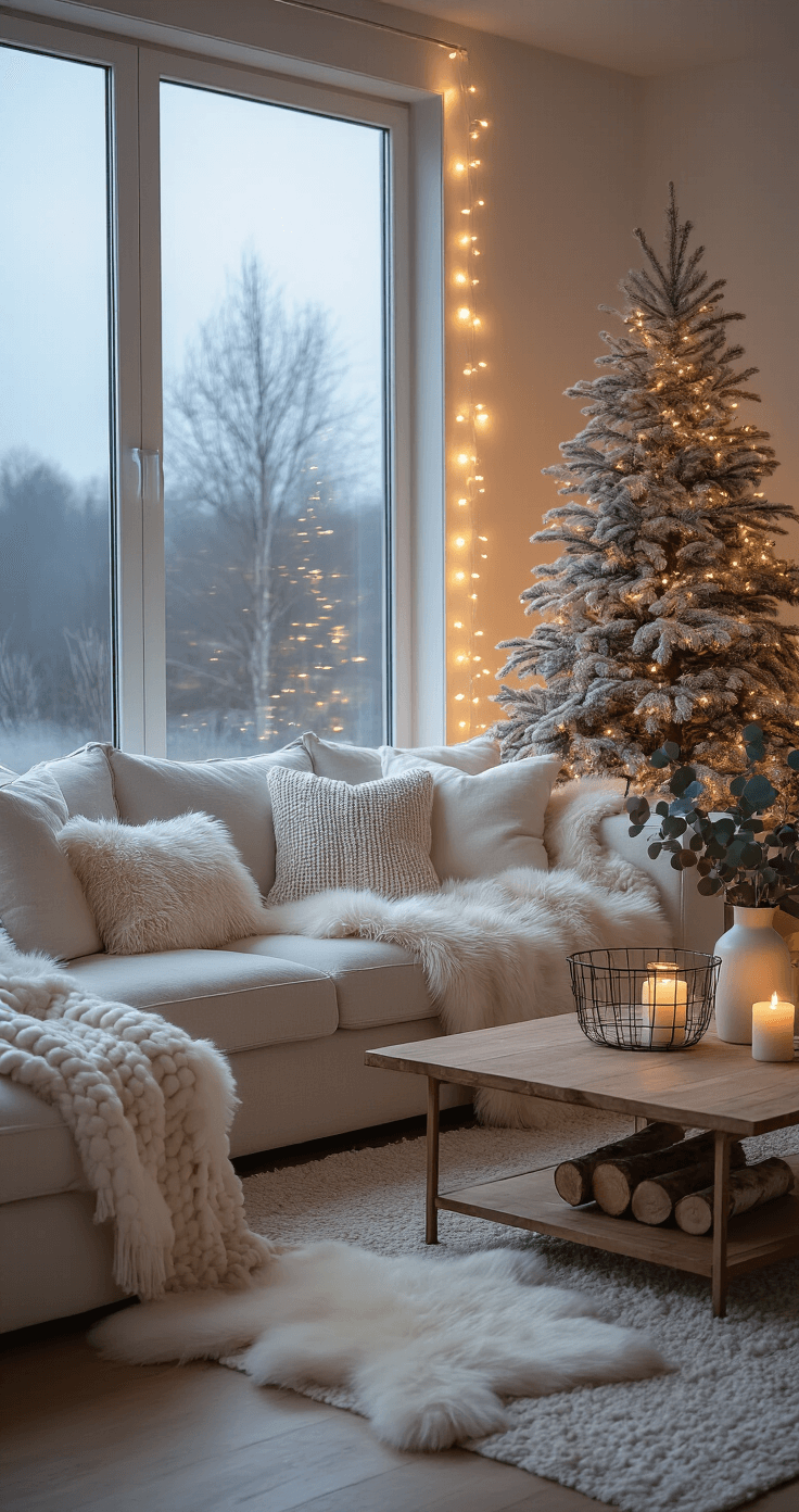 How to Transform Your Home with Cozy After Christmas Winter Decor Ultra-wide shot of a cozy living room at dusk, featuring a flocked winter tree illuminated by soft white string lights, large floor-to-ceiling windows showcasing a grey landscape, a natural linen couch with faux fur and chunky knit throws, a wooden coffee table with birch logs and eucalyptus branches, warm candlelight casting soft shadows, hardwood floors with a sheepskin rug and muted green plant accents.