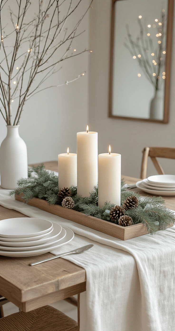 How to Transform Your Home with Cozy After Christmas Winter Decor Intimate dining room with a long wooden farmhouse table, featuring a minimalist winter centerpiece of white pillar candles, eucalyptus sprigs, and pinecones. A cream linen tablecloth drapes casually over the table, while white ceramic plates are subtly stacked. A large mirror reflects soft winter afternoon light, alongside bare birch branches in a tall white vase. The soft grey walls and natural textures of woven chair seats are complemented by delicate white string lights providing an ambient glow.