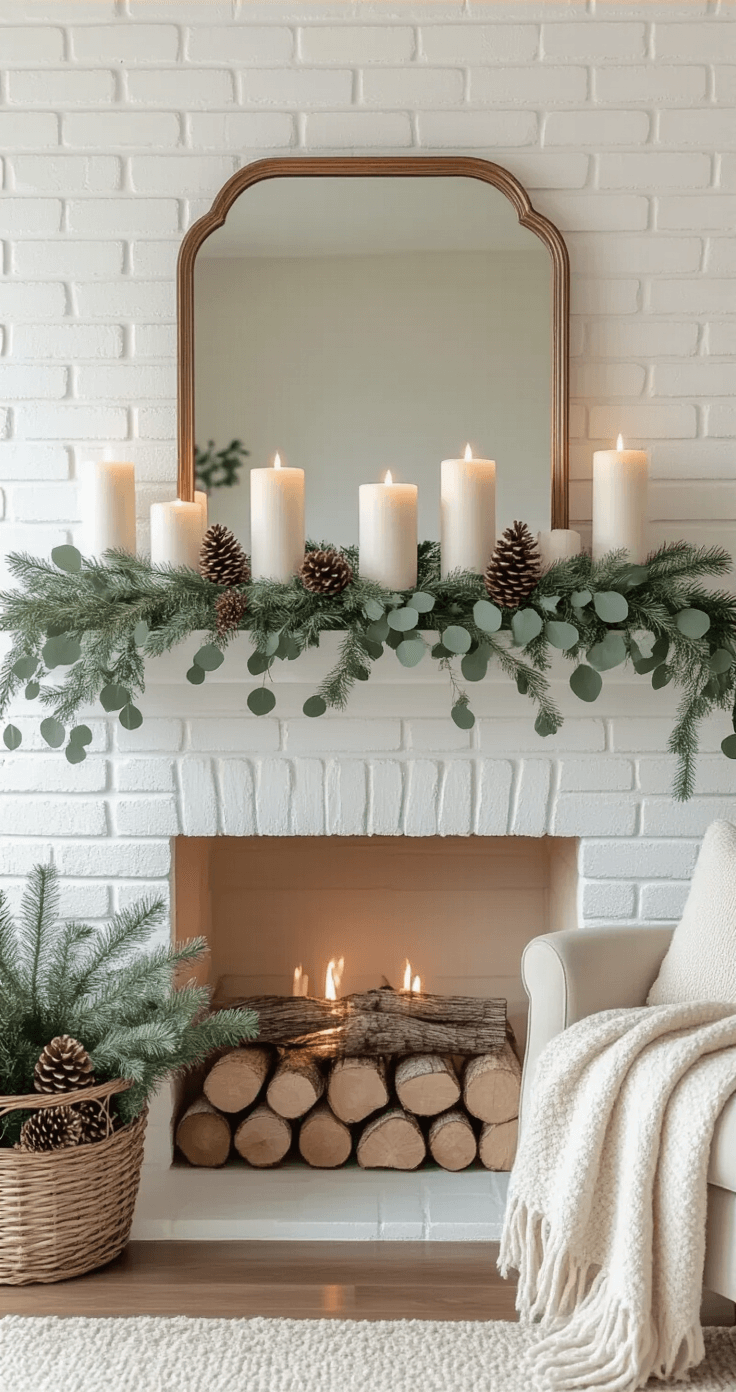 How to Transform Your Home with Cozy After Christmas Winter Decor Cozy fireplace mantel styled for winter with white painted brick backdrop, asymmetrically placed white candles, fresh eucalyptus garland, decorative mirror, natural pinecones, and warm amber candlelight. Nearby, birch logs are stacked in a wire basket, and a soft grey throw blanket drapes over an armchair.