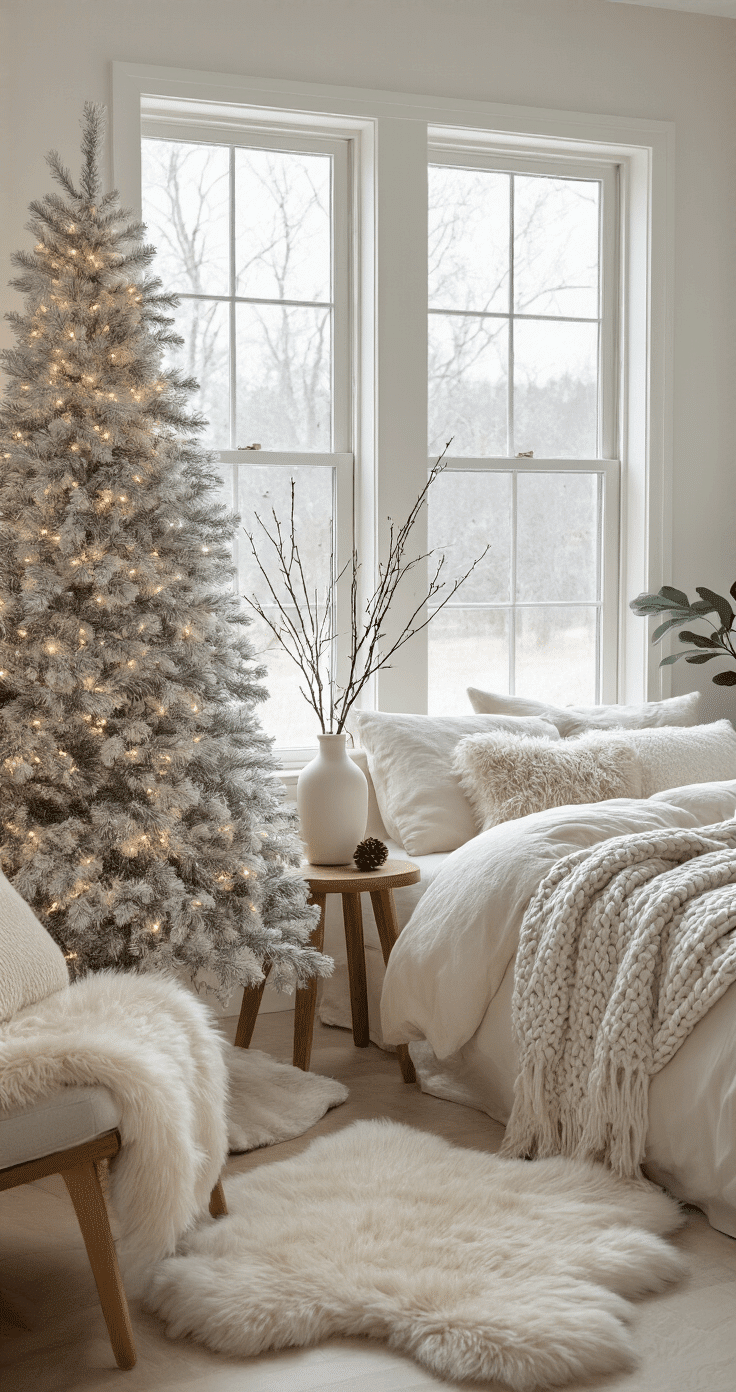 How to Transform Your Home with Cozy After Christmas Winter Decor A cozy winter bedroom sanctuary featuring a stripped flocked tree adorned with soft white twinkle lights in the corner, cream linen bedding layered with faux fur and chunky knit throws in grey and ivory tones. A wooden side table holds a ceramic white vase with bare birch branches, while a sheepskin rug drapes over a reading chair. Large windows reveal a serene winter landscape, with natural light filtering in and ceramic pinecone decorations subtly placed. A soft muted green houseplant adds an organic touch, complementing the warm brown wooden floor.