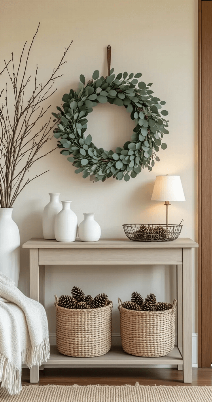 How to Transform Your Home with Cozy After Christmas Winter Decor Entryway winter scene featuring a neutral eucalyptus and boxwood wreath on a warm wood door, a small console table with white ceramic vases and scattered pinecones, soft cream walls, and a natural jute runner over hardwood floor, highlighted by warm ambient lighting from a table lamp. A tall white vase holds bare branches, with a soft grey throw draped over a nearby chair, incorporating textural elements of woven baskets, ceramics, and natural greenery for a sophisticated welcome.