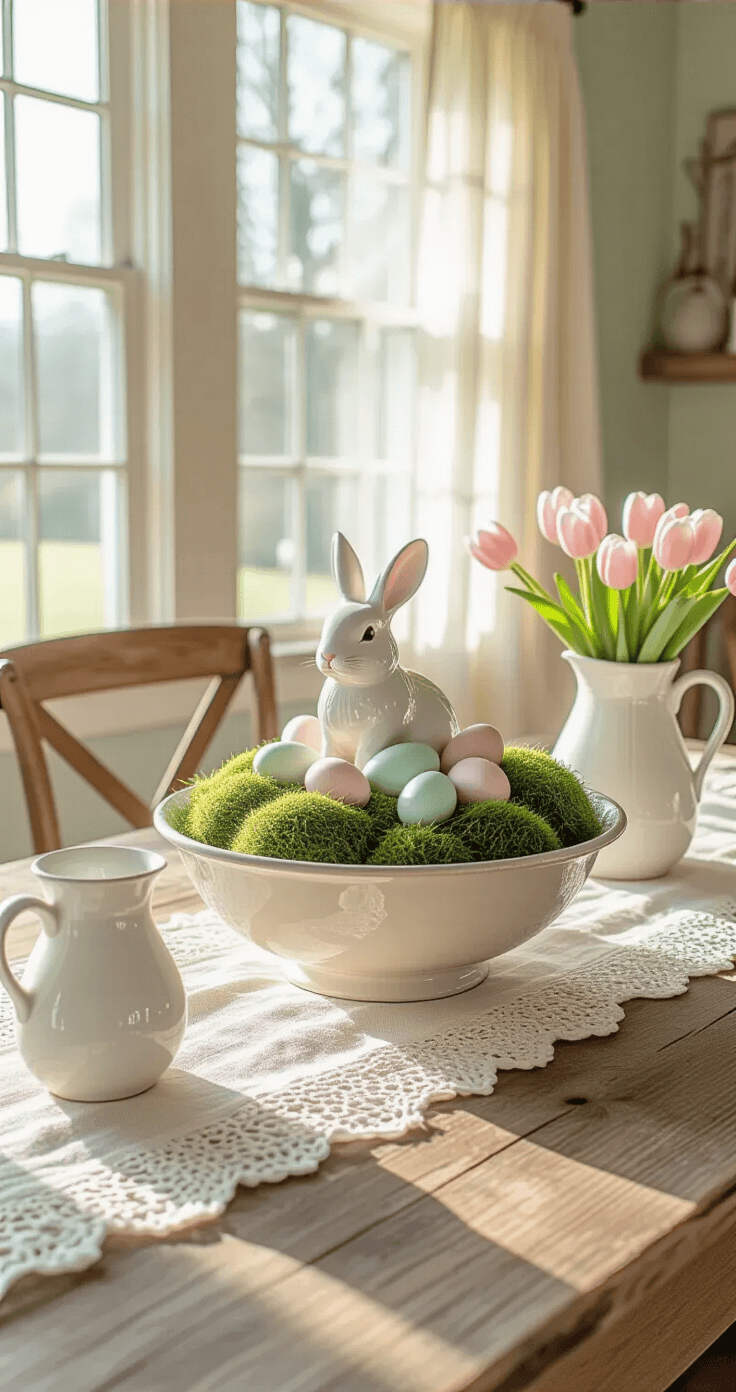 A sunlit farmhouse dining room featuring a weathered wooden table with a cream lace tablecloth, a vintage dough bowl filled with sheet moss and pastel ceramic eggs, a white bunny figurine, and pitchers with pink tulips, all illuminated by warm golden hour light.