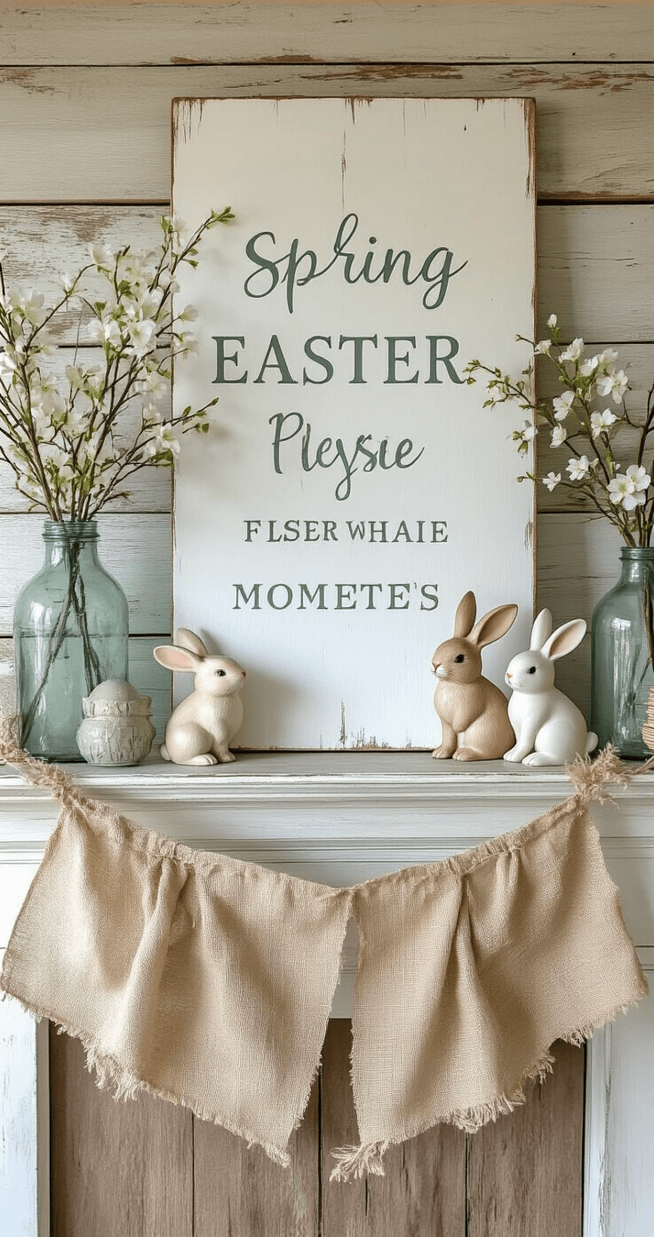 A rustic farmhouse mantel adorned with layered Easter decor, featuring a large white wooden sign with spring typography, vintage glass bottles holding single stem flowers, and ceramic bunnies of various sizes, complemented by a burlap banner against a distressed shiplap wall in soft pastel colors, illuminated by dappled afternoon light.