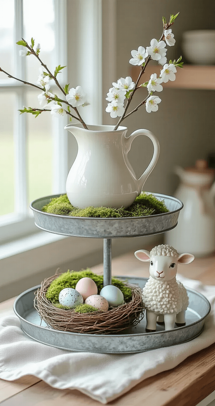 A galvanized tiered tray adorned with farmhouse Easter decor; the bottom tier has a moss-filled ceramic nest with speckled eggs, the middle tier displays a vintage white pitcher with cherry blossoms, and the top tier features a delicate ceramic lamb figurine. A soft linen napkin connects the tiers, all styled in muted pastels of blush, mint, and cream under soft natural light.