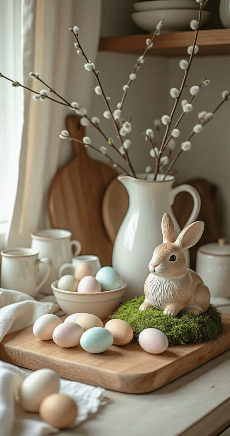Cozy kitchen corner featuring a vintage wooden cutting board with pastel hand-painted wooden eggs and a moss-covered ceramic bunny, surrounded by a white ironstone pitcher with pussy willow branches, vintage egg cups, and linen towels, all illuminated by warm morning light.