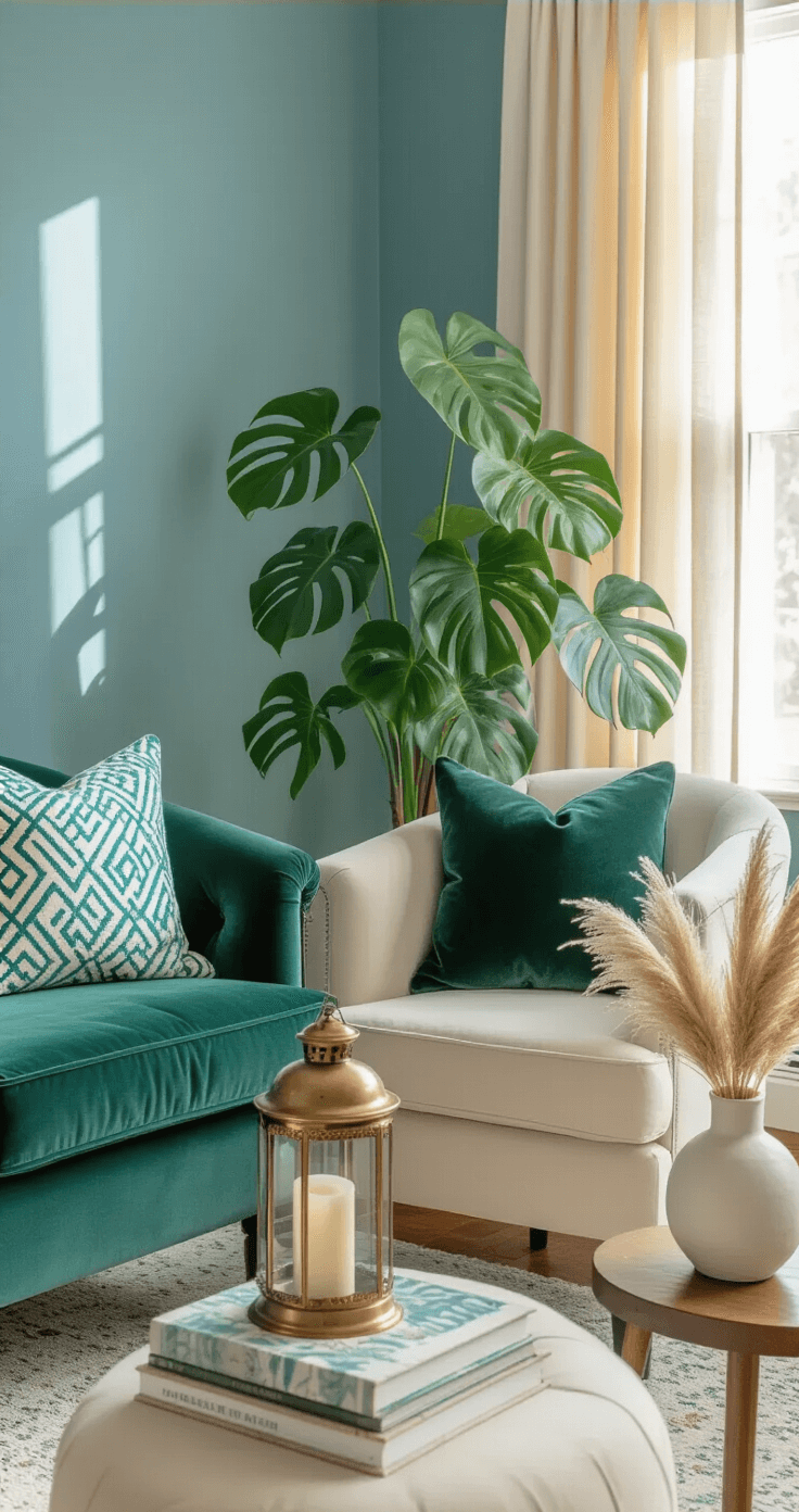 Intimate corner view of a living room featuring dusty blue walls, cream-colored furniture, a forest green velvet armchair, a brass hurricane lantern, and a stack of decorative books. A large potted monstera plant in a white ceramic planter and soft morning light filtering through airy linen curtains create a warm atmosphere, complemented by an aqua and cream geometric throw pillow and a wooden side table with a minimal ceramic vase holding dried pampas grass.