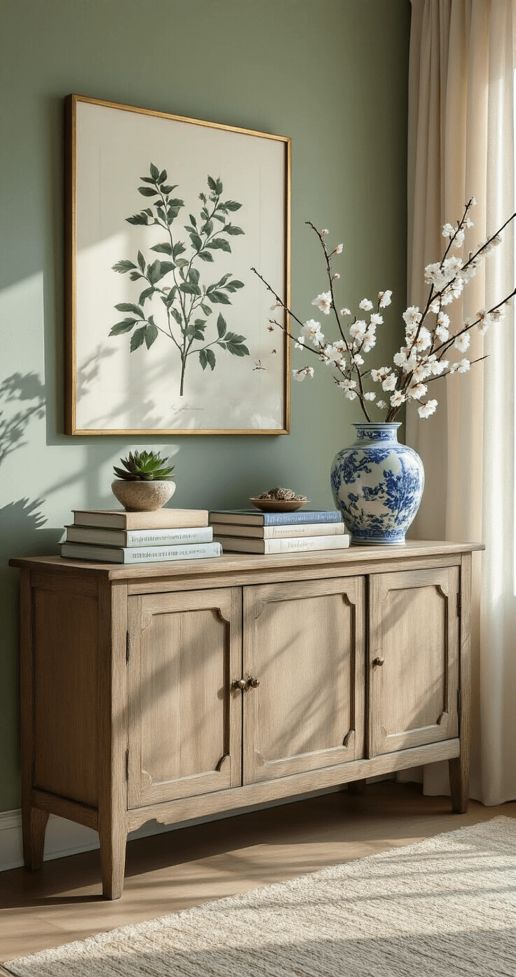 A stylish living room buffet with a large botanical print in a brass frame, stacked decorative books, a small potted succulent, a blue and white ginger jar with faux cherry blossoms, all against soft sage green walls, illuminated by morning light filtering through sheer curtains.