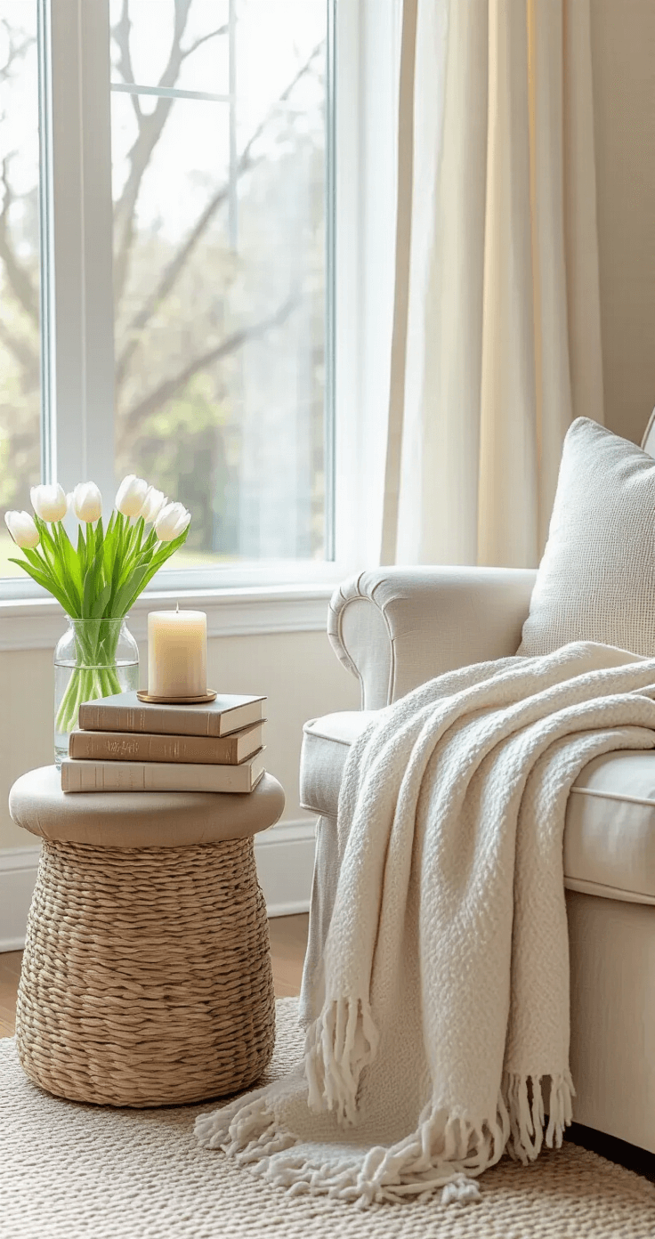 Cozy reading nook featuring a cream-colored linen armchair, a garden stool side table, layered throws, and a large window with light curtains. Accents include a brass hurricane lantern, decorative books, a vase of tulips, and a woven basket, all set in a pastel color palette.