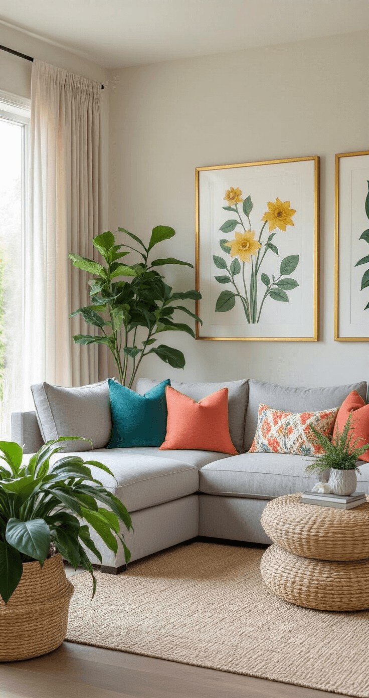 Expansive living room with teal, coral, and daffodil yellow accents; featuring a grey sectional sofa with patterned throw pillows, potted greenery, botanical artwork in gold frames, and a natural fiber rug, all illuminated by soft afternoon light through sheer curtains.