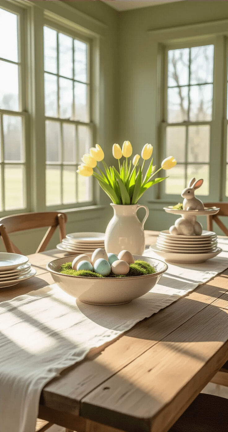 A bright farmhouse dining room featuring a rustic wooden table adorned with a white linen runner, a vintage dough bowl filled with pastel speckled eggs, moss sprigs, and a delicate ceramic rabbit figurine. Morning light streams through large windows, illuminating sage green walls, cream-colored ceramic plates, and pale yellow tulips in a white vase. A tiered tray with Easter-themed accessories adds charm to the scene.
