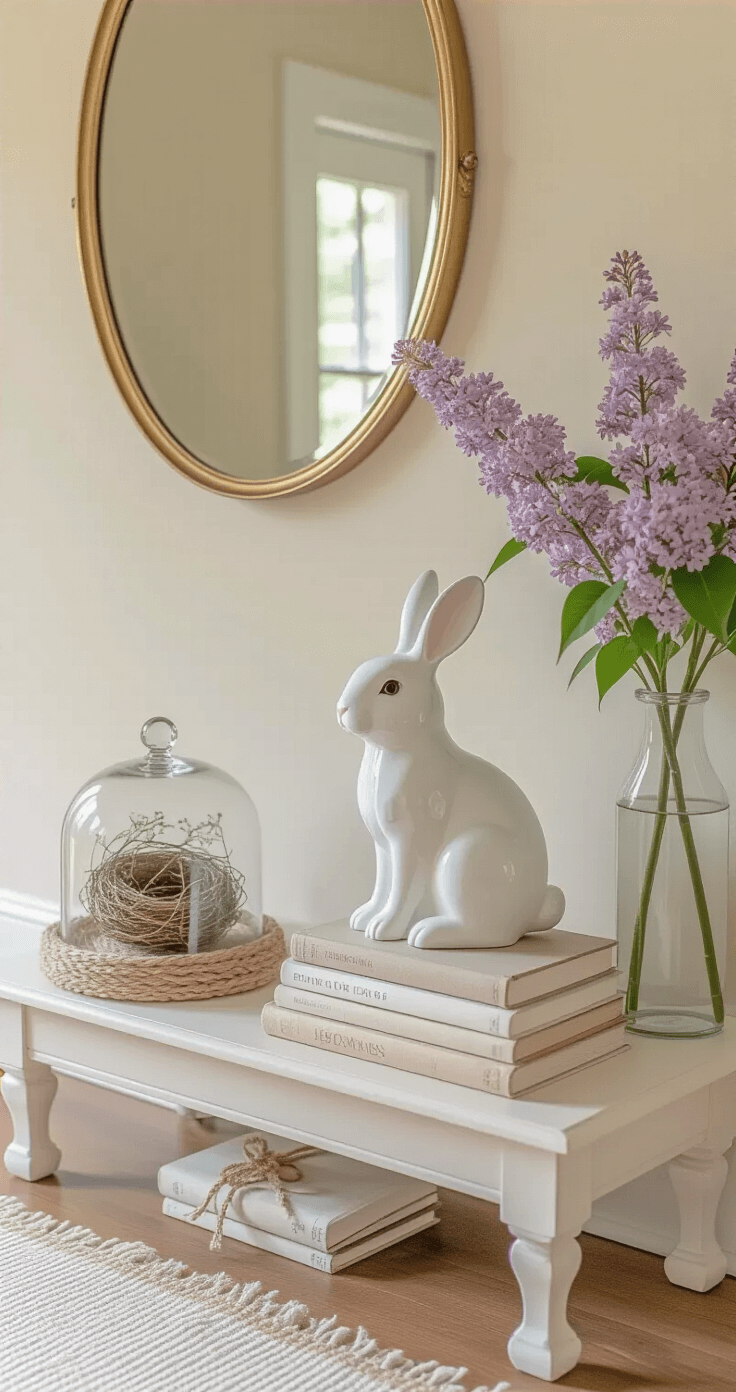 Elegant entryway console styled with a pastel spring vignette, featuring a brass mirror, white ceramic bunny, vintage books, a glass cloche with a bird's nest, and a single stem of lilac in a bud vase, all set against cream walls and hardwood floors with gentle side lighting.