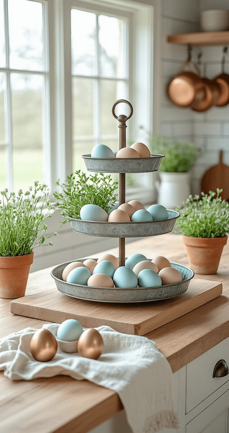 A rustic farmhouse kitchen island adorned for Easter, featuring a butcher block countertop and white subway tile backsplash, decorated with a tiered vintage metal tray of naturally dyed eggs, fresh spring herbs in terracotta pots, woven linen napkins, and brass egg cups, all set in soft natural light with copper hanging pots in the background, creating a warm and inviting atmosphere.