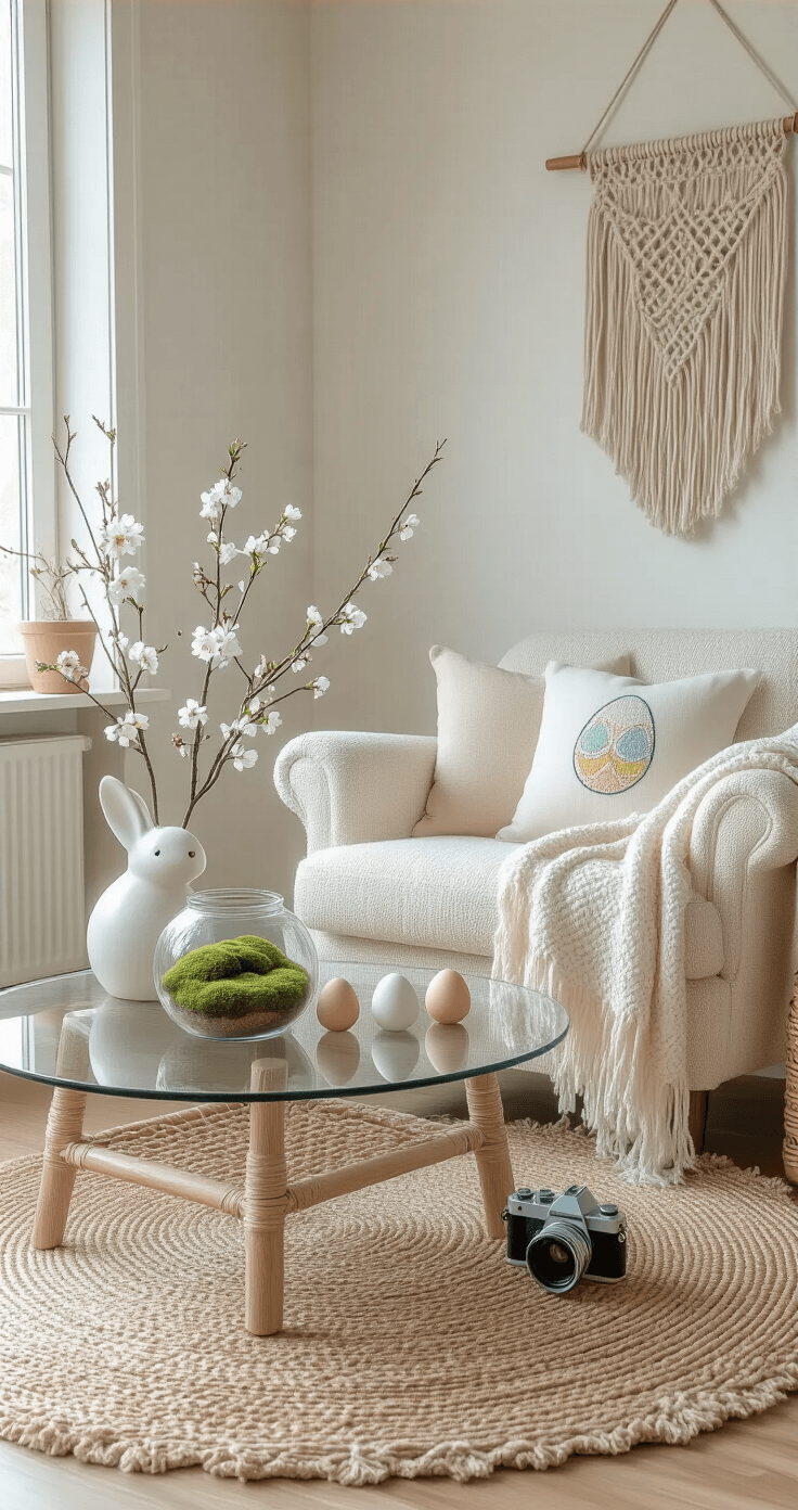 Bohemian living room corner featuring a cream bouclé armchair, macramé wall hanging, and a woven jute rug, adorned with a glass coffee table showcasing a moss-filled terrarium, ceramic egg collection, and cherry blossoms in a minimalist vase; accented by a pastel bunny sculpture and embroidered throw, all bathed in afternoon light casting soft shadows.