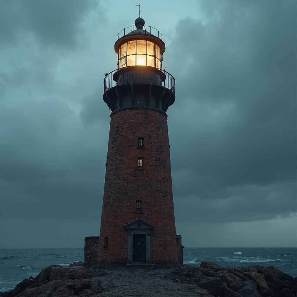 1870s brick lighthouse against stormy Atlantic sky, Fresnel lens through windows, with detailed architectural and brick texture, moody maritime atmosphere, captured in a professional architectural photography style.