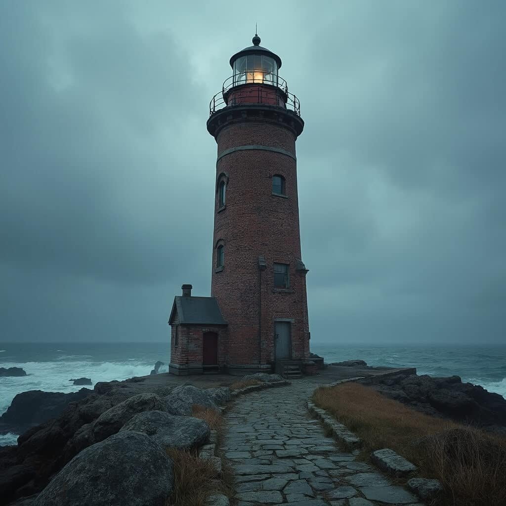 1870s brick lighthouse with intricate architectural details against stormy Atlantic sky, first-order Fresnel lens visible through open windows