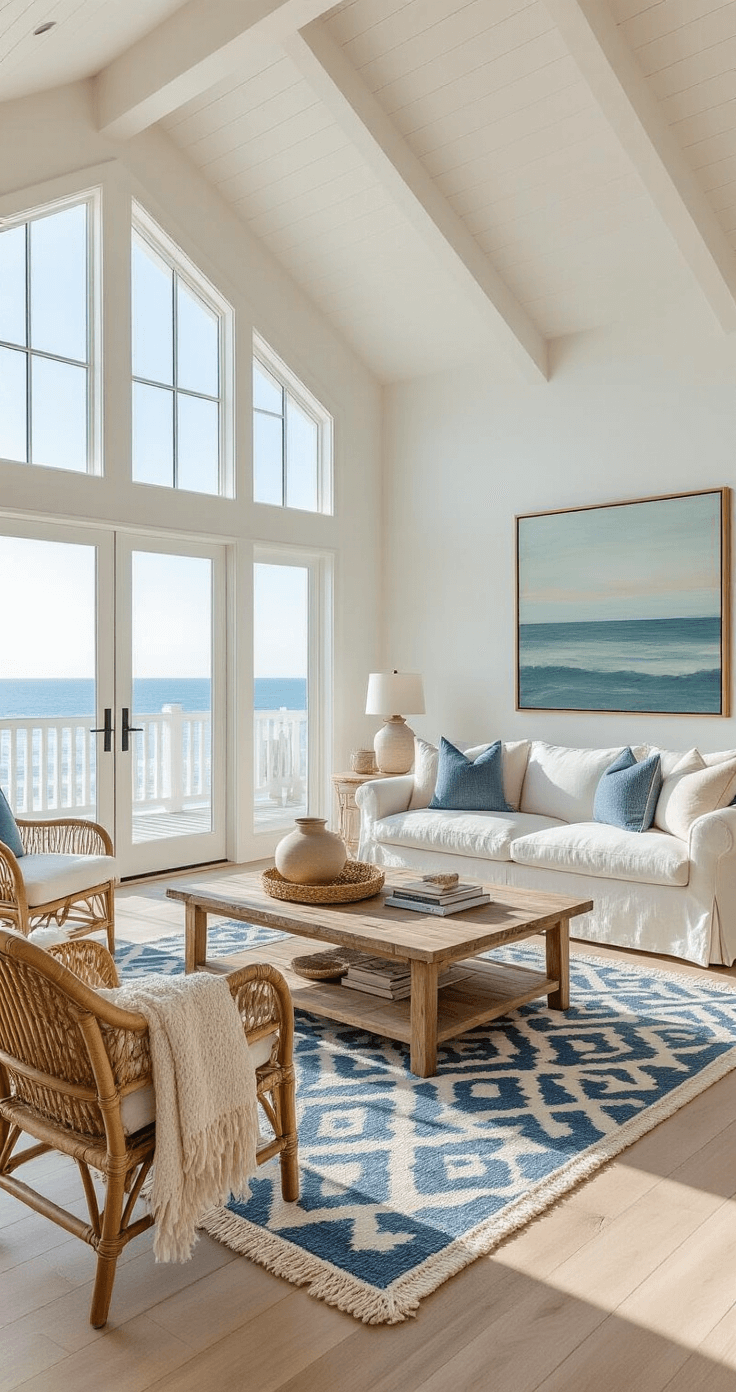 Ultra-wide shot of a bright coastal living room with vaulted ceilings, white walls, and large ocean-facing windows, featuring a slipcovered linen sofa, a weathered teak coffee table, and a layered rug, all illuminated by soft morning light.