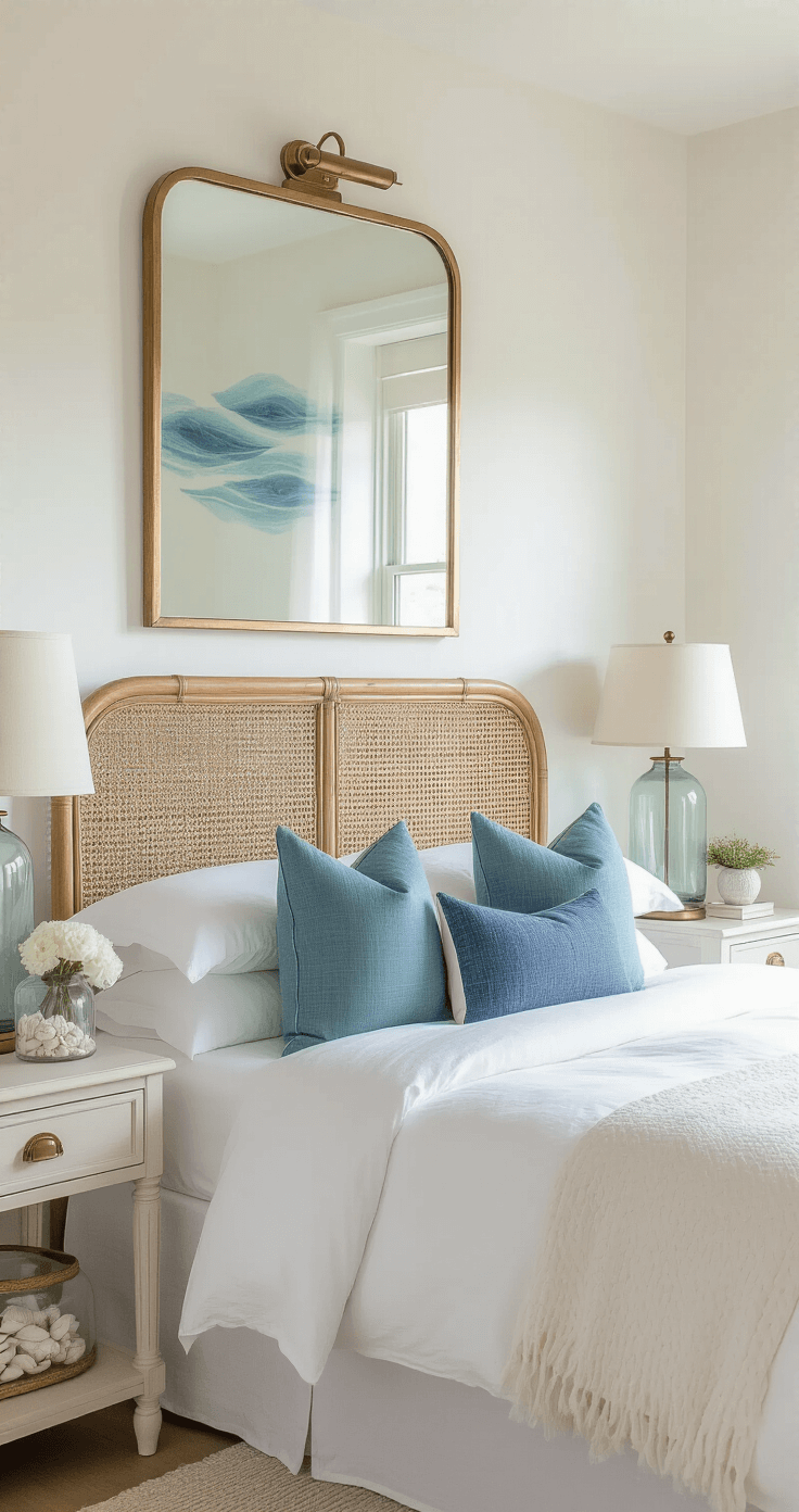 Serene coastal bedroom with a rattan headboard, crisp white linen bedding, indigo and seafoam pillows, large brass-framed mirror, pale maple side tables, sheer linen curtains, chinoiserie lamp, glass jar of white shells, and abstract ocean-inspired artwork, captured at a 45-degree angle.