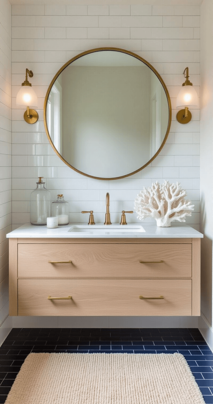 A serene coastal bathroom featuring white subway tiles with navy grout, a light oak floating vanity, a large round brass-framed mirror, a soft beige natural fiber bath mat, a white coral sculpture on a marble countertop, and elegant glass apothecary jars, all illuminated by soft natural light from a frosted window.