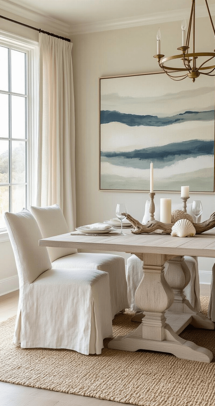 Sophisticated coastal dining room featuring a whitewashed wood table, warm cream slipcovered dining chairs, and a large abstract artwork in blue and cream tones on light greige walls, with a natural fiber rug, driftwood centerpiece, brass chandelier, and large windows with sheer curtains allowing natural light to create an elegant atmosphere.
