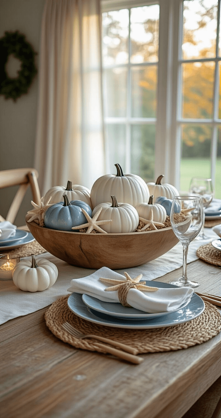 Sophisticated coastal Thanksgiving dining room featuring a long wooden table set with white china and blue-toned salad plates, a dough bowl centerpiece filled with white ceramic pumpkins and decorative seashells, and warm golden hour light filtering through sheer linen curtains.