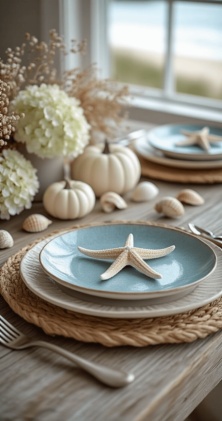 Intimate coastal table setting on a rustic wooden surface; features a seagrass placemat, cream ceramic plates, a blue-rimmed salad plate, a starfish place card holder on driftwood, scattered seashells, white pumpkins, and dried hydrangea, all bathed in natural light.