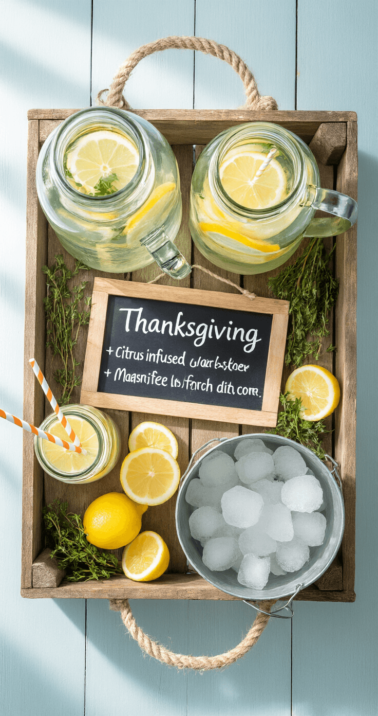 Overhead view of a coastal-themed Thanksgiving drink station featuring glass dispensers of citrus-infused water, mason jars with striped straws, and an ice bucket. A chalkboard sign lists the drink menu, surrounded by fresh herbs and lemon slices, all styled in soft blue and white tones under afternoon sunlight.