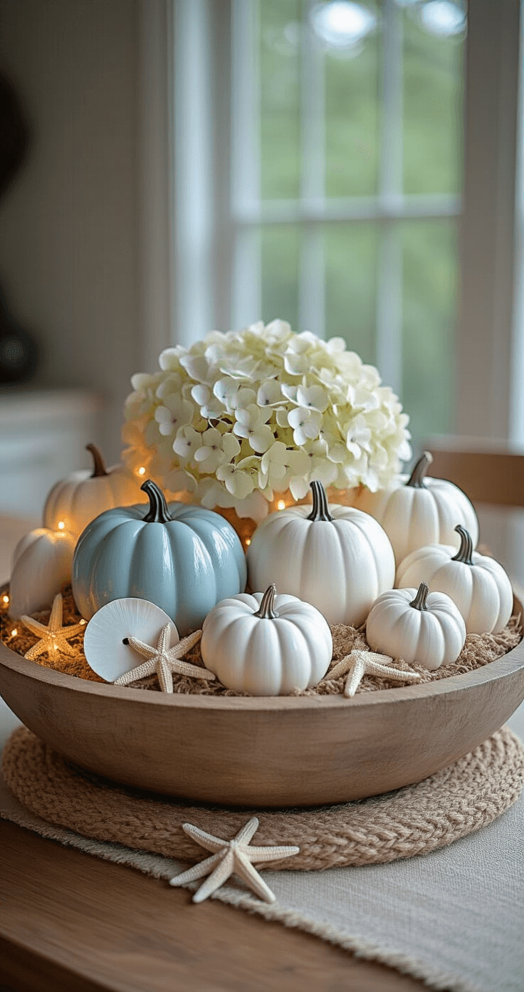 A coastal table centerpiece featuring a wooden dough bowl filled with jute rope, white ceramic pumpkins, starfish, sand dollars, and dried hydrangea, illuminated by battery-operated string lights for a soft evening glow, showcasing a weathered blue and sand color palette.