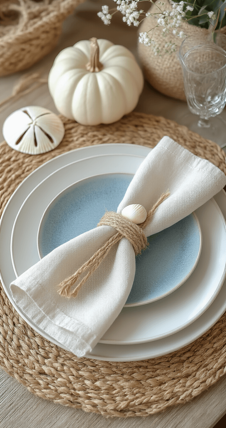 Close-up of an intimate coastal place setting with a seagrass placemat, crisp white dinner plate, blue-toned salad plate, and a soft sand-colored linen napkin tied with a handmade rope ring and shell accent, featuring a single white pumpkin with a jute-wrapped stem and a delicate sand dollar, all bathed in soft, diffused natural light.