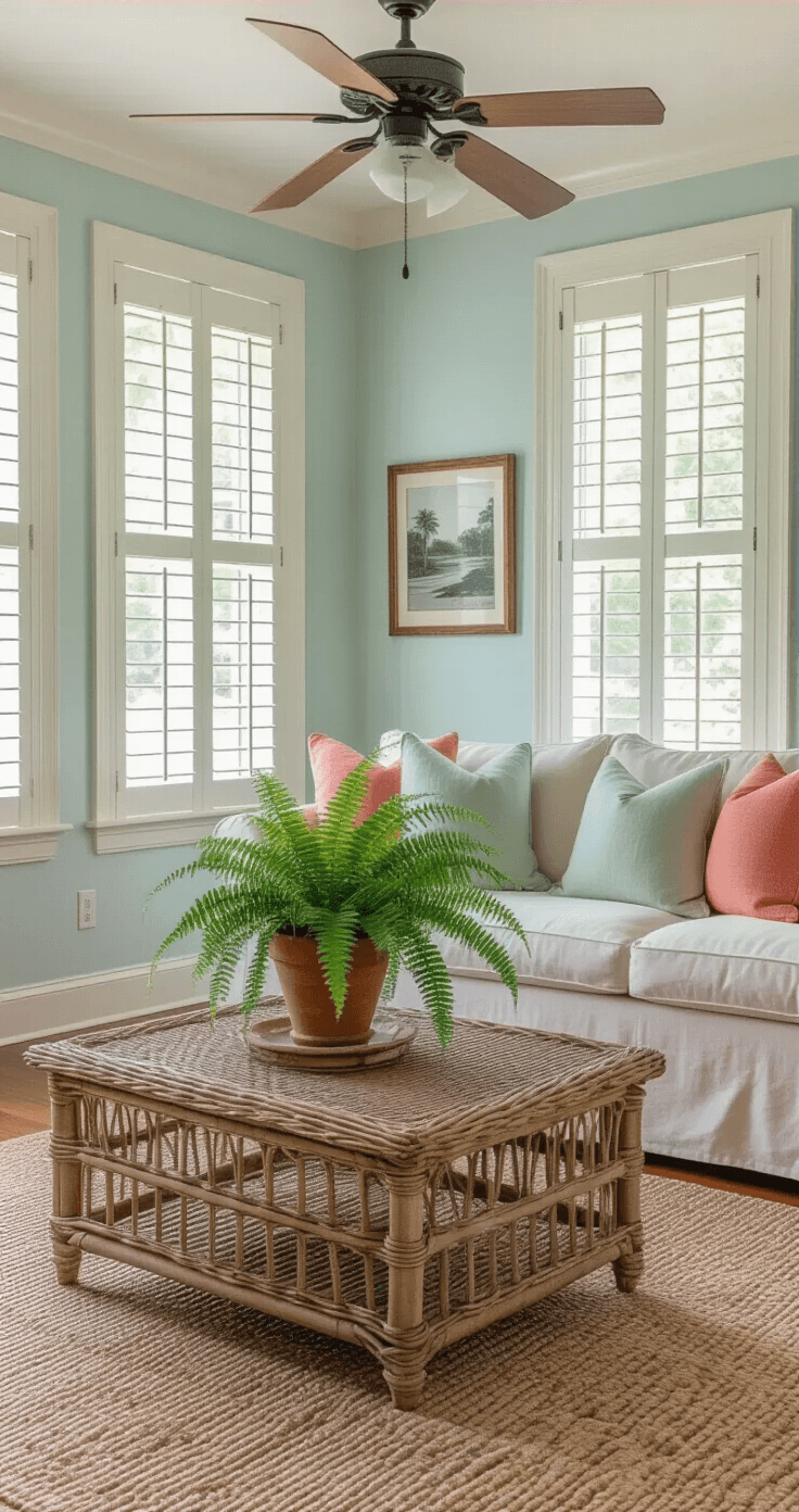 A cozy vintage living room bathed in soft morning light, featuring a cream slipcovered sofa with muted pillows, a worn heart pine coffee table, pale blue walls, and a Boston fern in a terra cotta pot, all framed by wide plantation shutters.