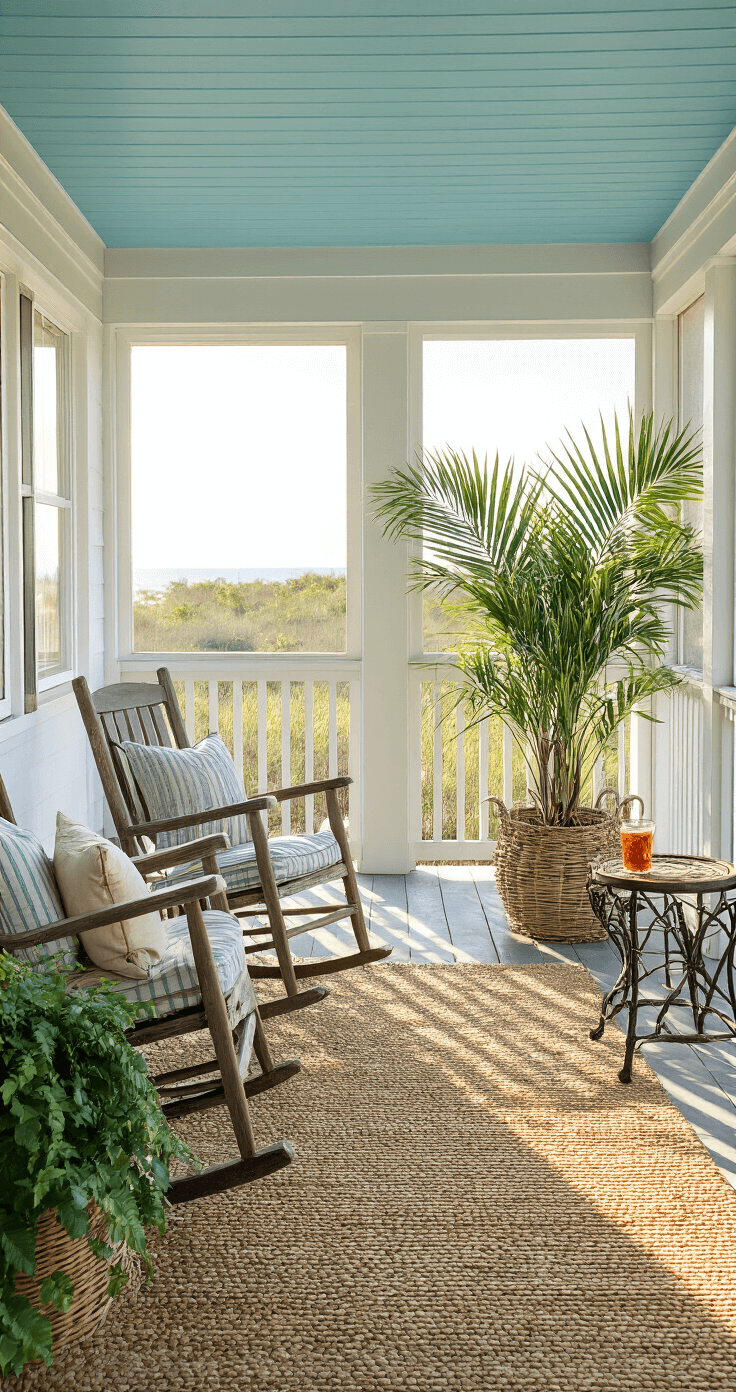 Screened porch with a sky blue ceiling, vintage rockers, seagrass rug, potted palm, and sweet tea on a side table, bathed in golden afternoon light and soft focus, embodying Florida indoor-outdoor living.
