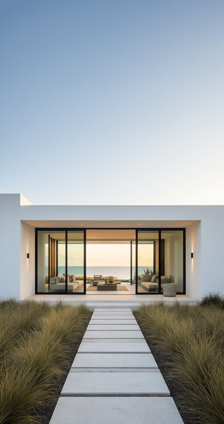 A modern coastal Florida home with a white stucco exterior, glass sliding doors, and minimalist landscaping, photographed during golden hour, showcasing soft natural light and ocean views in the background.