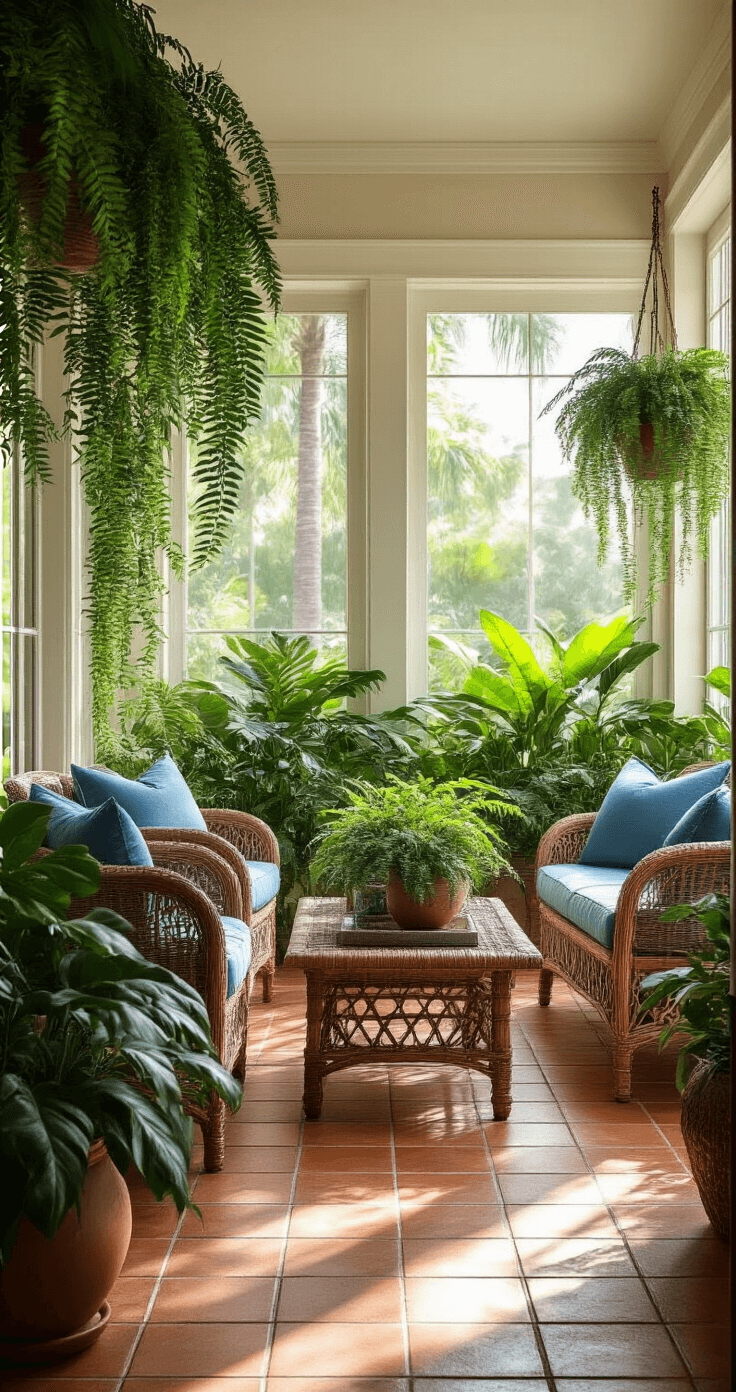 Ultra-detailed photorealistic interior of a Florida pool cage lanai featuring soft afternoon sunlight filtering through screens, lush container garden with cascading Boston ferns in large ceramic planters, terracotta tile flooring, woven rattan furniture with ocean blue cushions, and a tropical philodendron climbing a white painted trellis, all captured at eye level to highlight soft shadows and intricate plant textures.