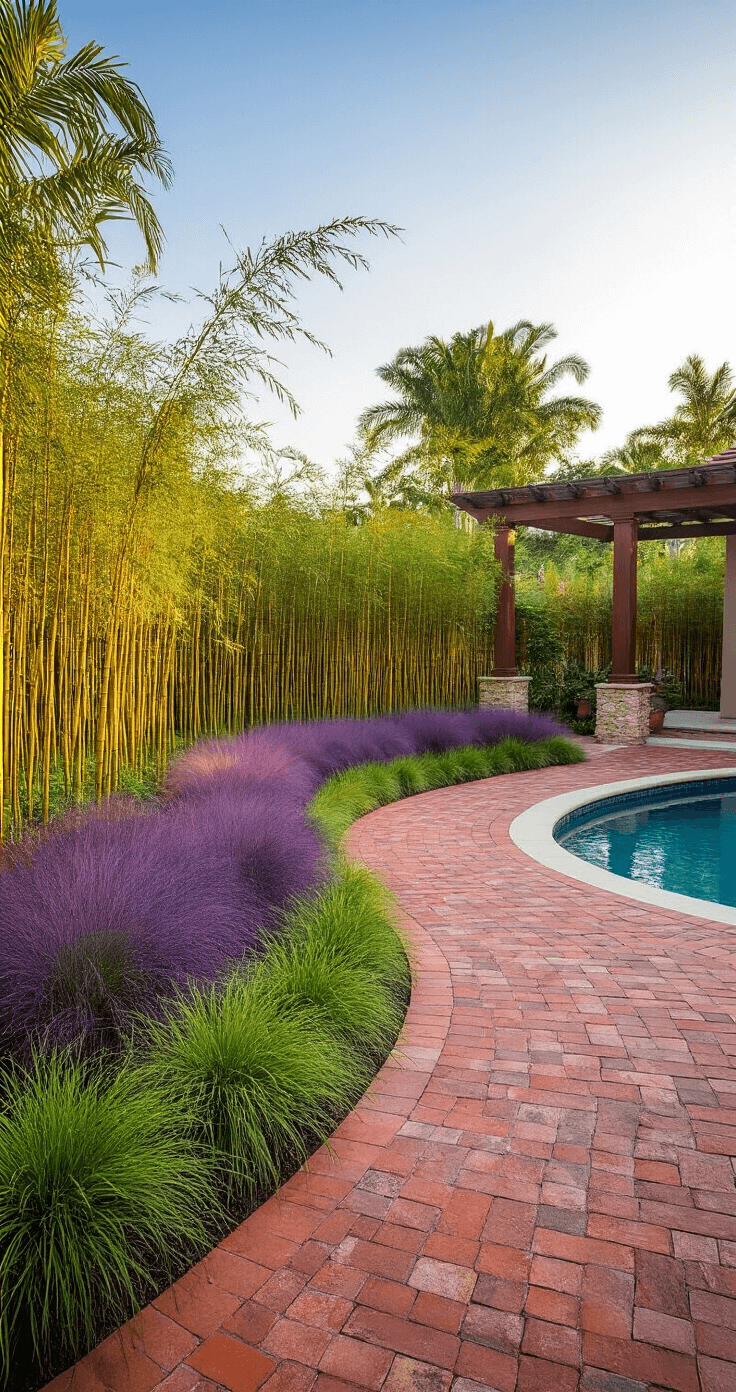 Wide-angle view of an expansive pool cage landscape featuring a curved red clay paver pathway leading to the pool, surrounded by ornamental muhly grass and bamboo clumps, with a partially visible wooden pergola. Morning light casts golden shadows, highlighting the detailed hardscaping with stone borders and ceramic planters.