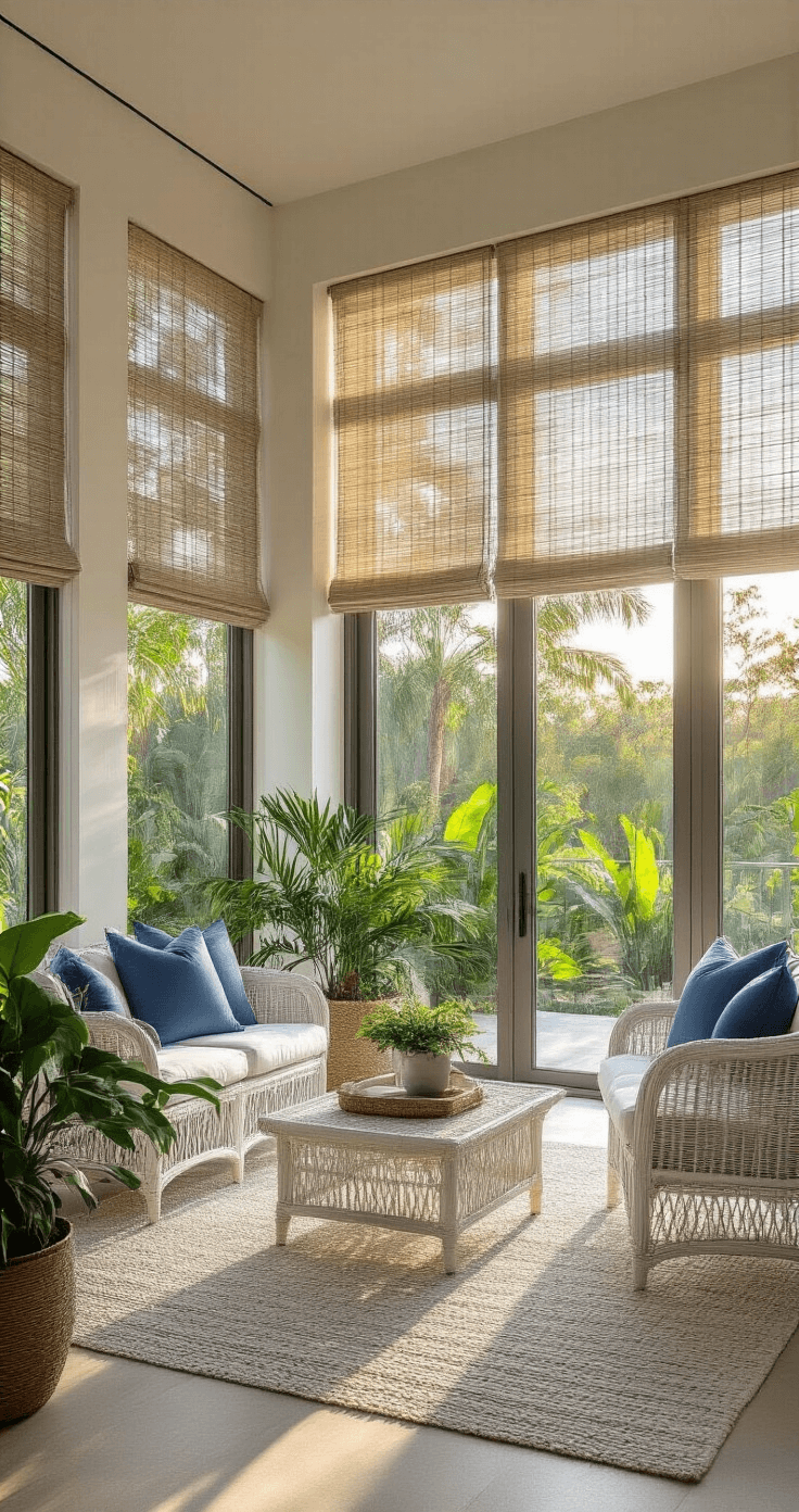 Ultra-realistic contemporary Florida sunroom at golden hour, featuring aluminum-framed floor-to-ceiling windows, vintage white wicker furniture with marine blue cushions, and potted palms, showcasing a seamless indoor-outdoor connection and soft diffused lighting.