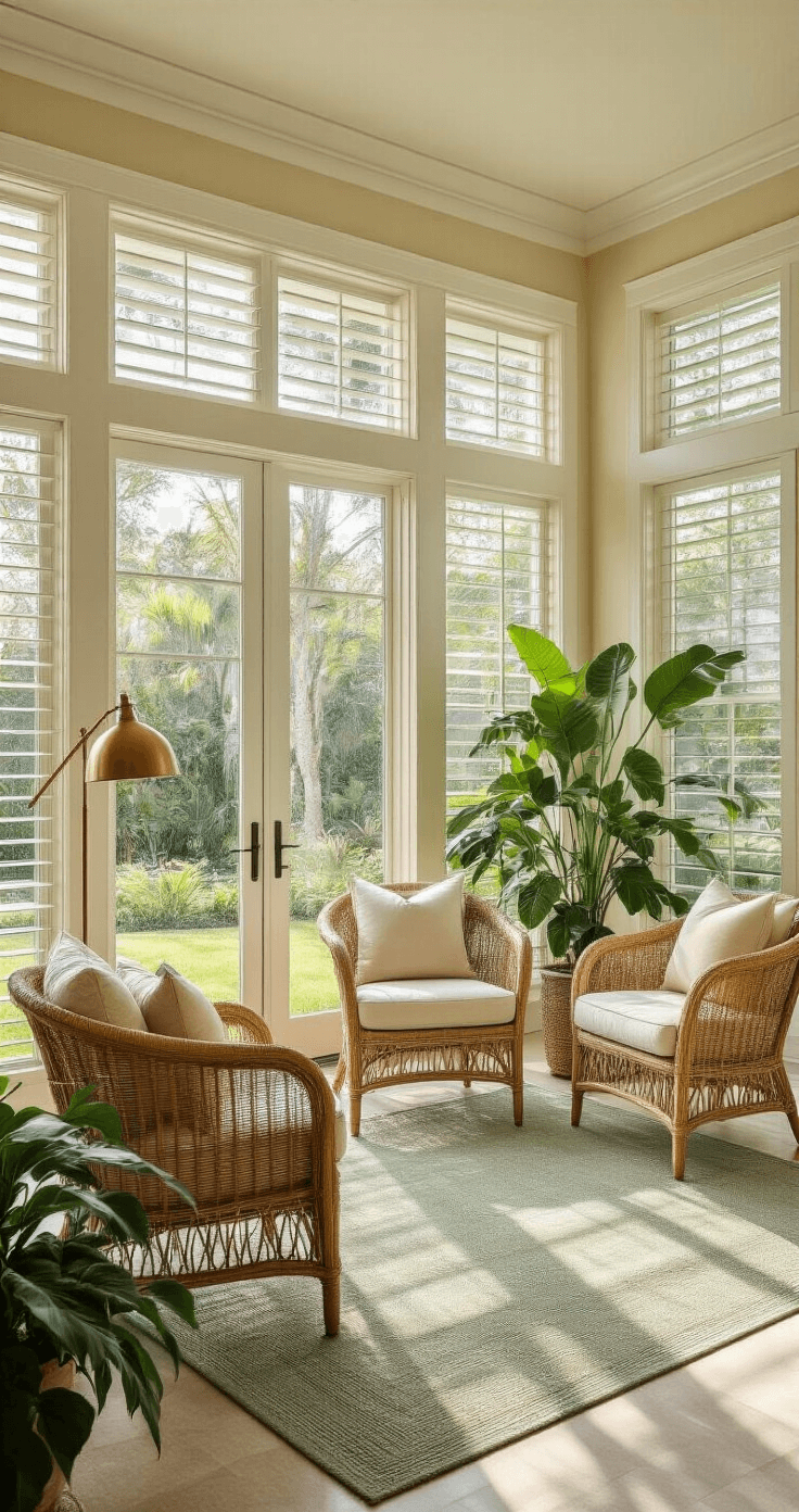 Luxurious sunroom with opened horizontal stacking windows, cream foam-insulated walls, mid-century modern rattan chairs, oversized sage green rug, brass floor lamp, and a potted monstera plant, all bathed in warm morning light with views of a manicured garden.