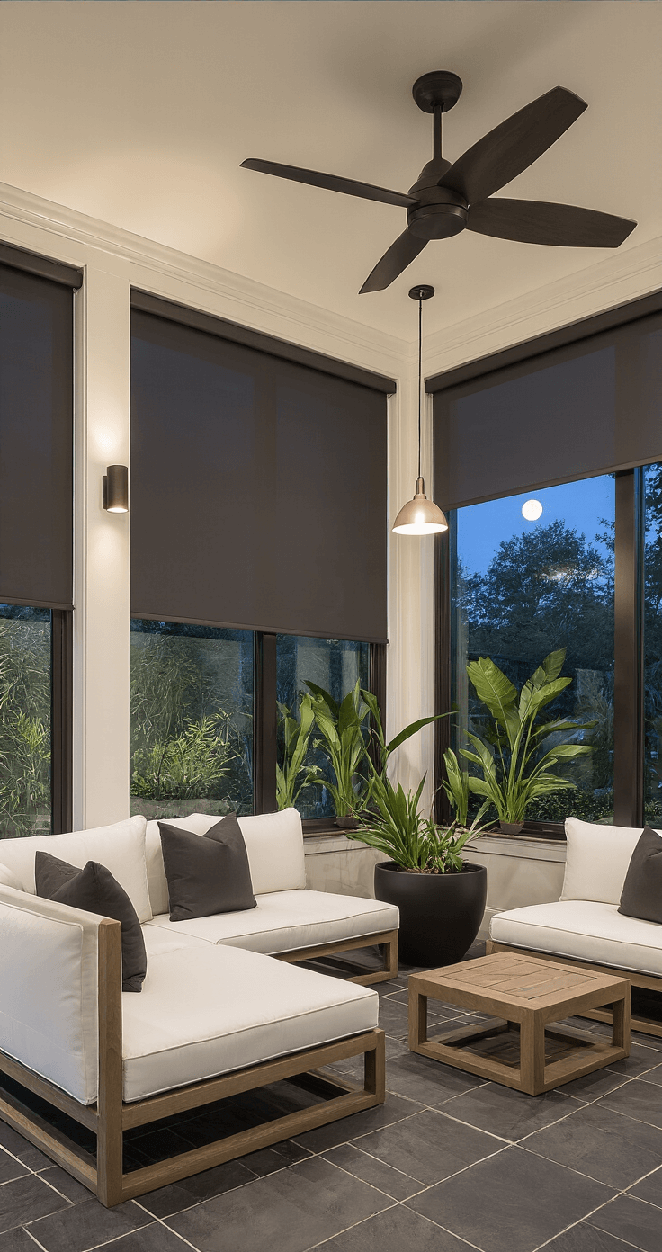 Intimate sunroom with motorized solar shades, charcoal slate flooring, contemporary white seating, and weathered teak tables, featuring soft lighting and moonlit garden view.