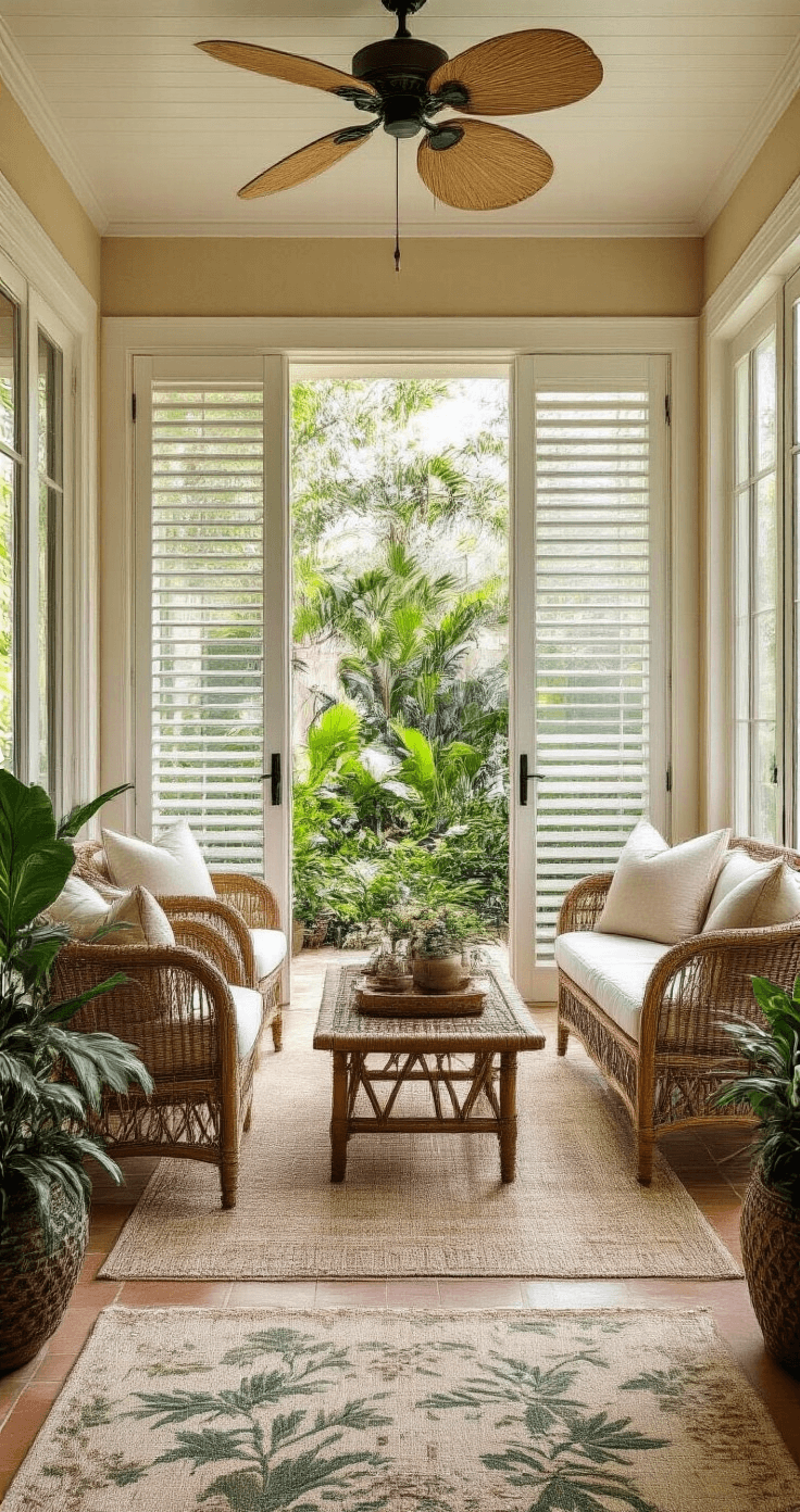 Tropical Florida sunroom featuring open aluminum windows with a view of a lush garden, soft sand-toned foam-insulated wall panels, weathered wood-style ceramic tile flooring, vintage rattan furniture with white cushions, and a muted palm leaf area rug, all illuminated by golden hour light.