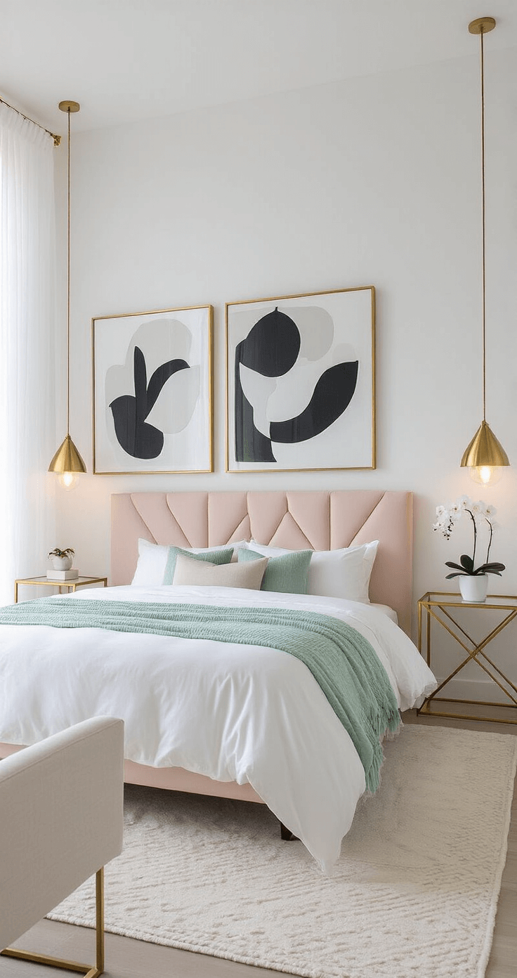 Sophisticated South Beach-inspired bedroom featuring white walls, a pale blush geometric headboard, gold metallic side tables, black and white abstract artwork, sheer white curtains, and a weathered wood-framed mirror, with seafoam green throws and a minimal potted orchid, all under soft ambient lighting.