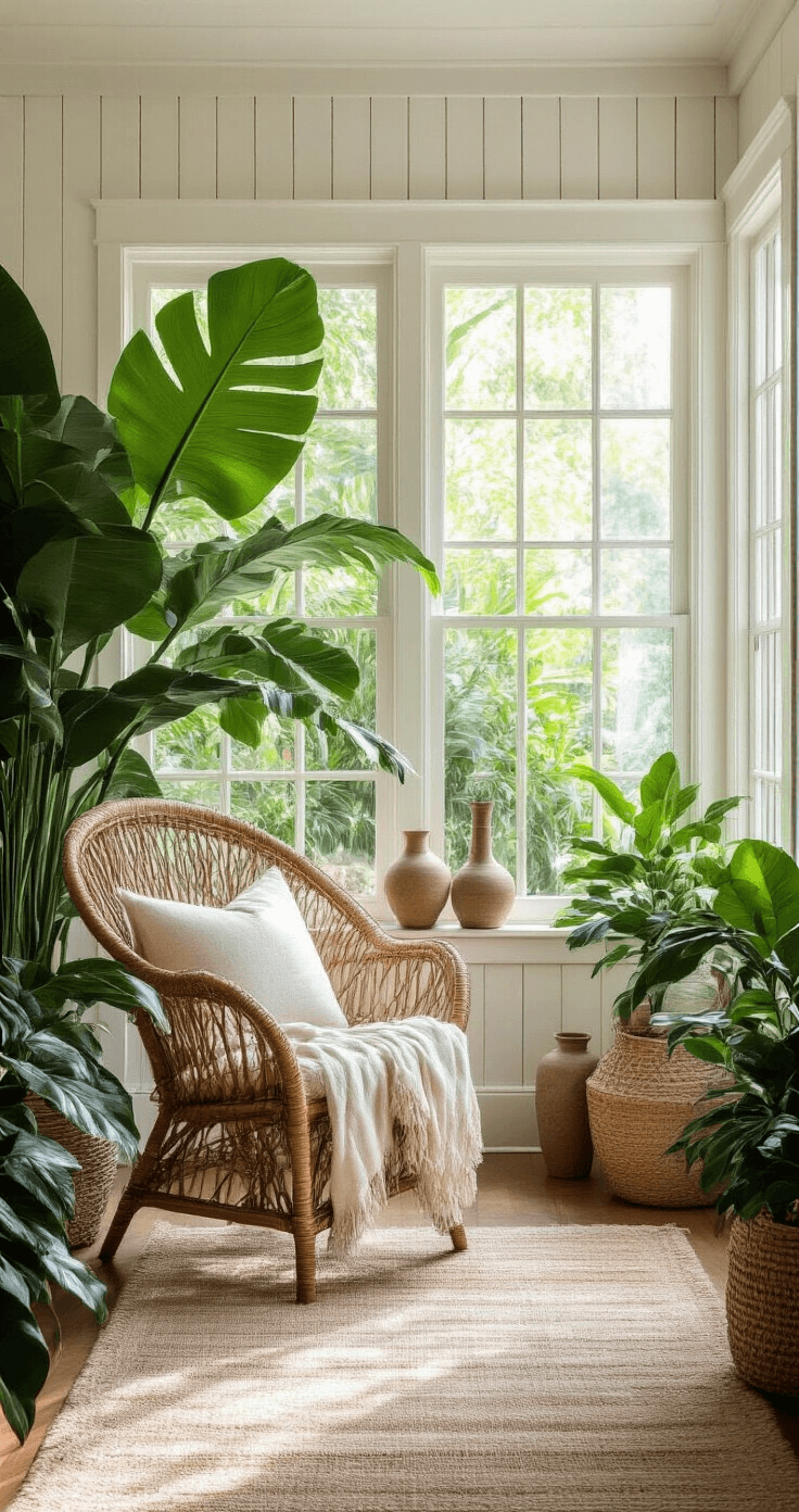 A sunroom adorned with a botanical theme, showcasing floor-to-ceiling windows, large monstera and fiddle leaf fig plants, a rattan peacock chair, a striped throw, and a natural fiber rug, all bathed in soft morning light.