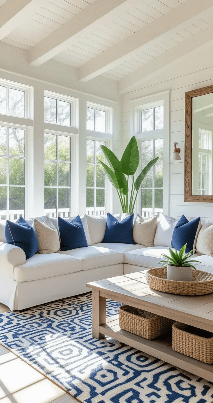 Bright sunroom with modern coastal design, featuring a white wood ceiling, large white sectional sofa with navy and beige pillows, floor-to-ceiling windows, geometric rug, decorative mirror, and potted plant, illuminated by soft morning light.