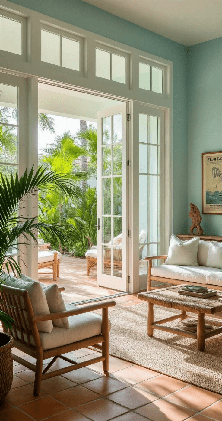 Ultra-wide angle shot of a modern Mediterranean-style living room featuring seafoam blue walls, terracotta tile flooring, and floor-to-ceiling sliding glass doors. Sunlight filters in, illuminating weathered teak furniture with linen cushions. A palm tree is in the corner, alongside a vintage Florida tourism poster and a driftwood sculpture on a console table, all creating a warm ambiance with a view of a lush tropical garden.
