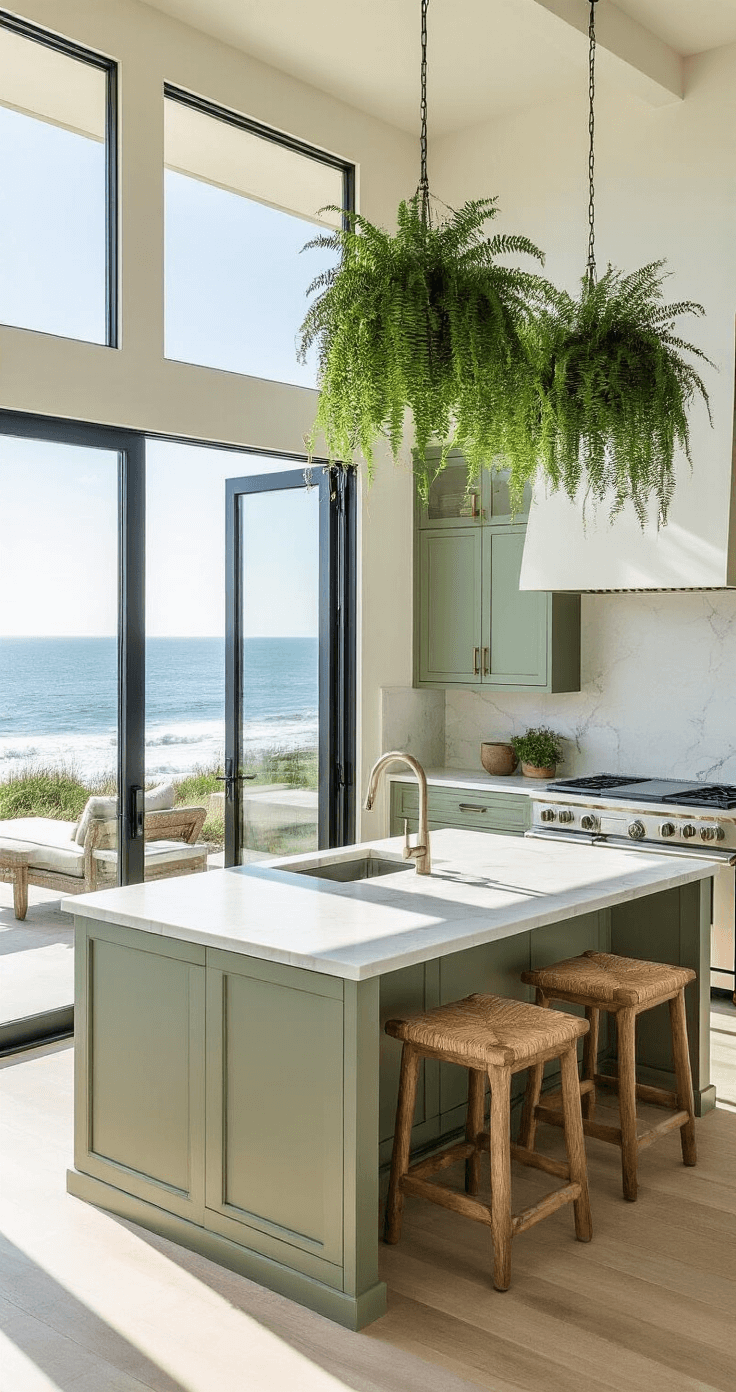 Overhead view of a coastal contemporary kitchen featuring large ocean-view windows, white marble countertops, sage green cabinetry, and stainless steel appliances, with weathered wooden bar stools and sandy neutral cushions, accented by hanging Boston ferns and abundant natural light.