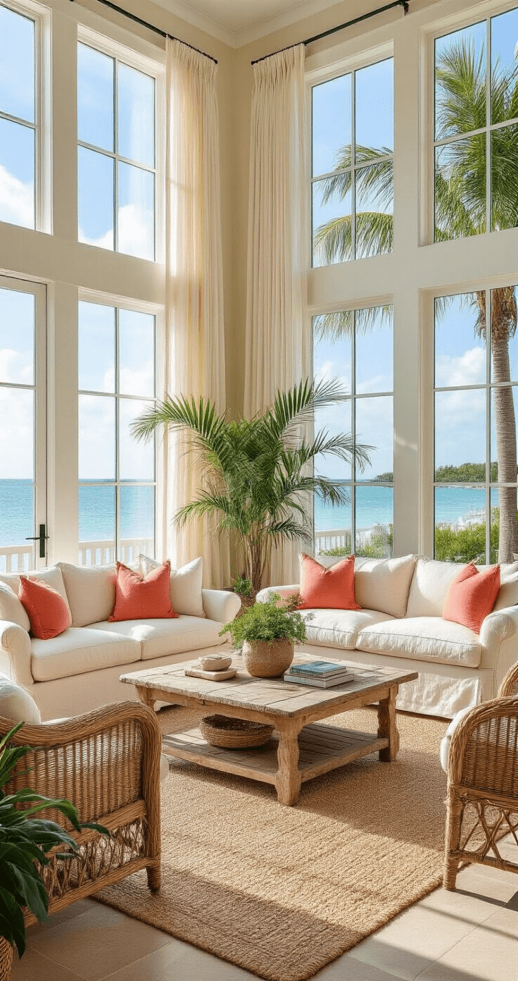 A spacious, sunlit living room featuring large windows with views of palm trees and turquoise waters, furnished with creamy linen sofas, a distressed wood coffee table, coral-hued throw pillows, and potted plants, all enhanced by sheer curtains and tropical artwork.