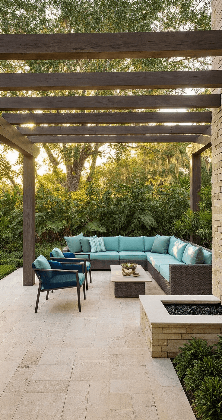 A tranquil Florida patio oasis featuring a weathered-oak pergola, seafoam upholstered sectional sofa, indigo aluminum side chairs, beige travertine pavers, a built-in stone firepit, retractable shade canopy, and a pondless water feature, all bathed in warm late afternoon sunlight.