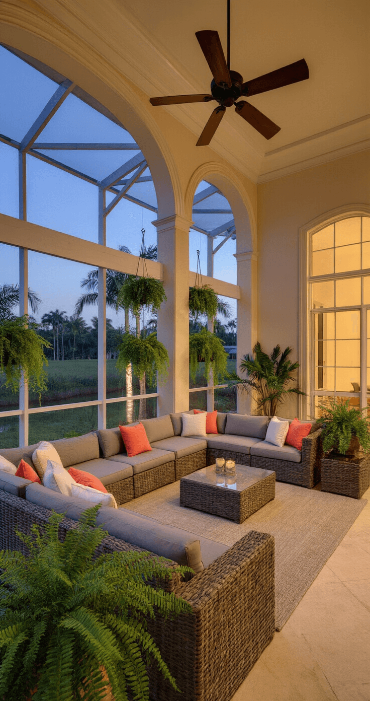 A serene Florida lanai at twilight featuring a spacious screened-in patio with high cathedral ceilings, a plush gray wicker sectional, vibrant throw pillows, glass-topped tables, lush greenery, a ceiling fan, and dimmable string lights creating a warm, inviting atmosphere.